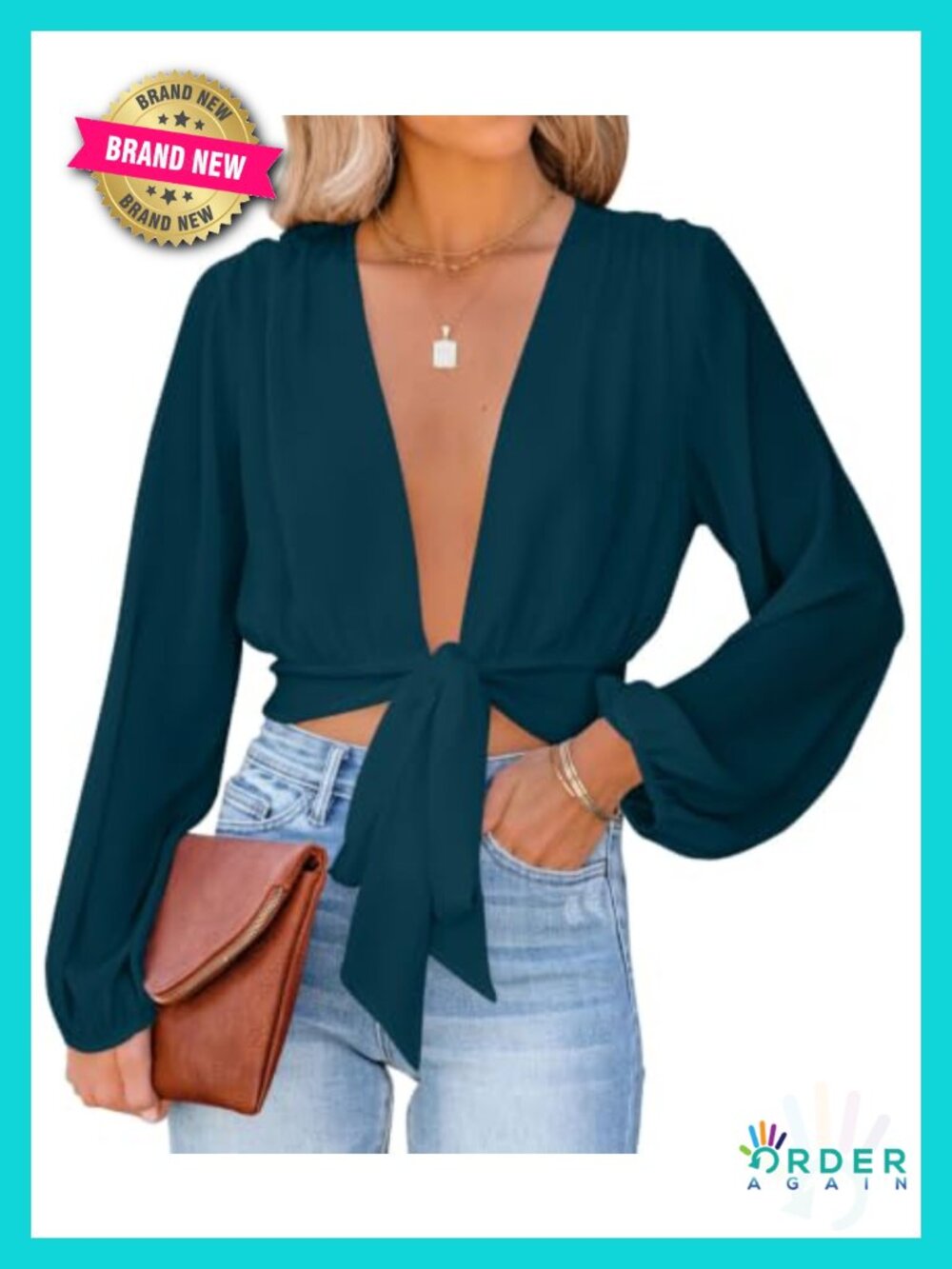 Women's Deep V Neck Wrap Crop Top Long Puff Sleeve Tie Front Blouse